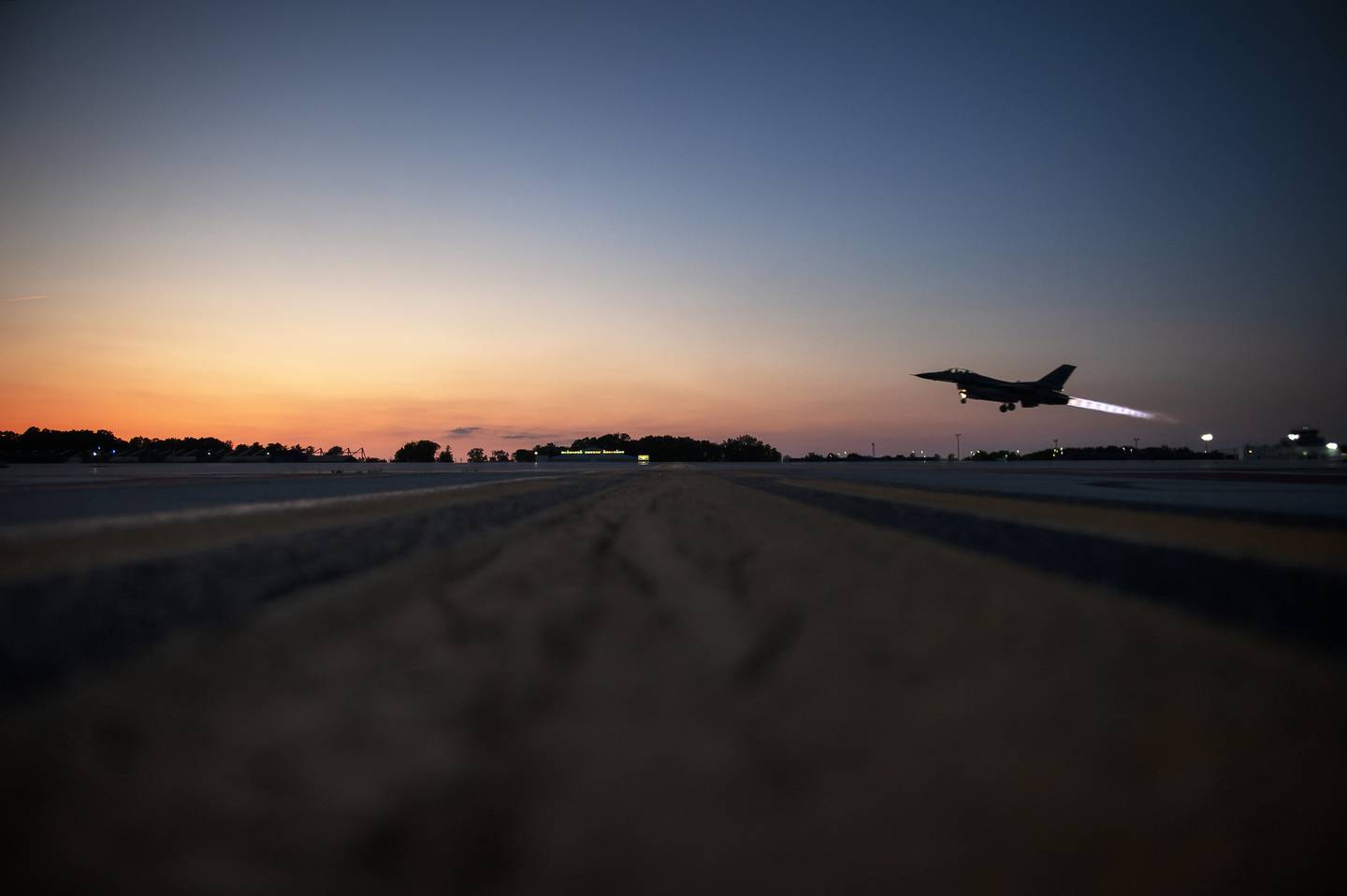 An F-16 Fighting Falcon, assigned to the Ohio National Guard’s 180th Fighter Wing, takes off for a nighttime training mission, June 16, 2020.