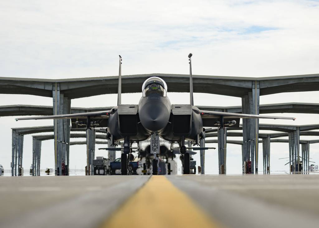 An F-15E Strike Eagle taxis before a flight, March 20, 2020, at Mountain Home Air Force Base, Idaho.