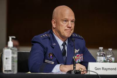 In this May 6, 2020, file photo, U.S. Space Force Gen. John Raymond testifies before the Senate Armed Services Committee hearing on Capitol Hill in Washington.