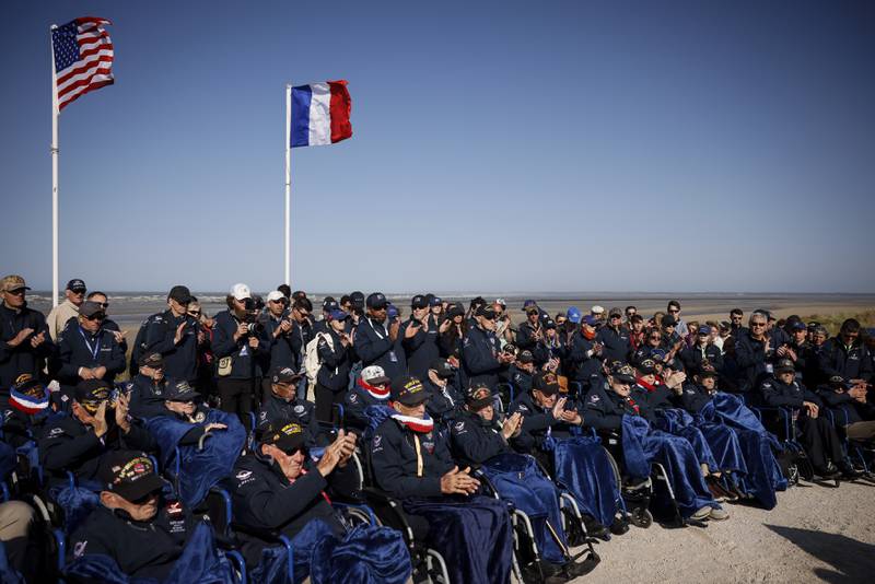 U.S. veterans attend the commemoration organized by the Best Defense Foundation at Utah Beach near Sainte-Marie-du-Mont, Normandy, France, Sunday, June 4, 2023, ahead of the D-Day anniversary.