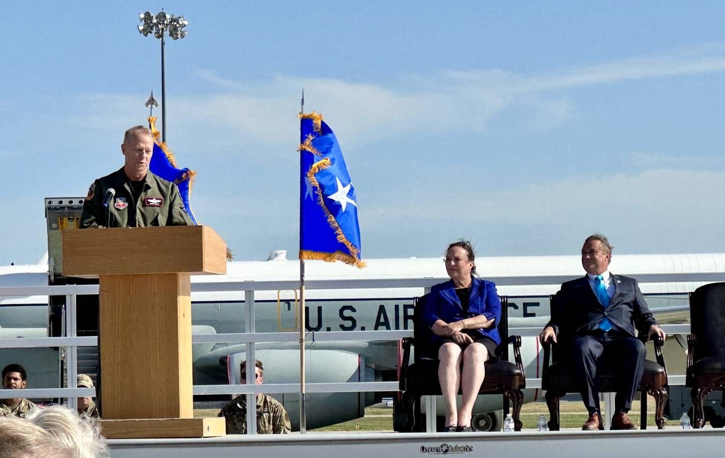 Air Force Gen. Mark Kelly, commander of Air Combat Command, addresses a crowd of more than 150 people at a ceremony marking the opening of a new runway at Offutt Air Force Base on Sept. 30, 2022.