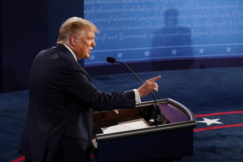 President Donald Trump makes a point during the first presidential debate against Democratic presidential candidate former Vice President Joe Biden, Tuesday, Sept. 29, 2020, at Case Western University and Cleveland Clinic, in Cleveland.