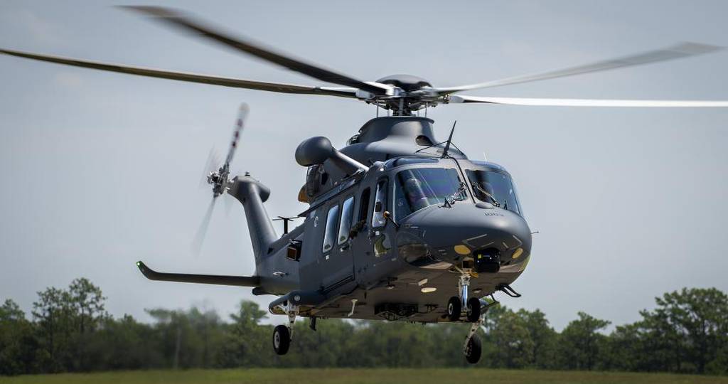 An MH-139A Grey Wolf lifts off for a mission Aug. 17, 2022, at Eglin Air Force Base, Fla. The Grey Wolf sortie was the first flight since the Air Force took over ownership of the aircraft Aug. 12. It also marked the first all-Air Force personnel flight in the Air Force’s newest helicopter. (Samuel King Jr./Air Force)