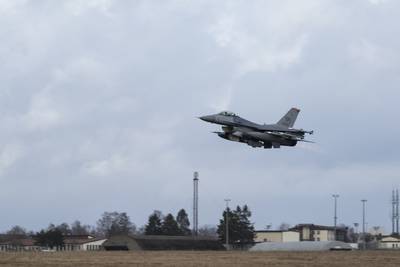 U.S. Air Force F-16 Fighting Falcons from the 480th Fighter Squadron, 52nd Fighter Wing, departed Spangdahlem Air Base, Germany, Feb. 11, 2022, to enhance NATO’s air policing mission and integrate with allies and partners in the Black Sea region. (Tech. Sgt. Maeson Elleman/Air Force)