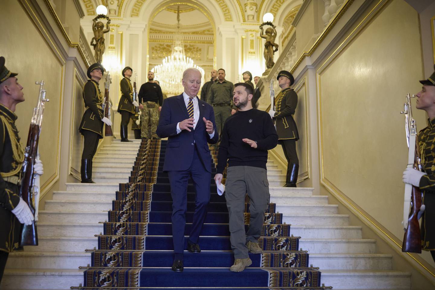 President Joe Biden, centre left, meets with Ukrainian President Volodymyr Zelenskyy at Mariinsky Palace during an unannounced visit in Kyiv, Ukraine, Monday, Feb. 20, 2023.
