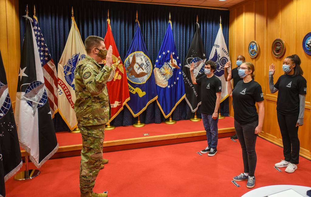 Vice Chief of Space Operations Gen. David D. “DT” Thompson swears in the first four Space Force recruits at the Baltimore Military Entrance Processing Command station, Fort George G. Meade, Maryland, Oct. 20, 2020. (Tech. Sgt. Armando Schwier-Morales/U.S. Space Force)
