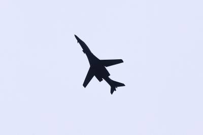 A US Air Force B-1B Lancer bomber flies over Sarajevo, Bosnia, Tuesday, May 30, 2023.