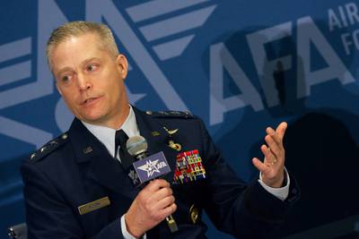 U.S. Air Force Lt. Gen. Timothy Haugh, the deputy commander of Cyber Command, speaks Sept. 12, 2023, at National Harbor, Maryland.