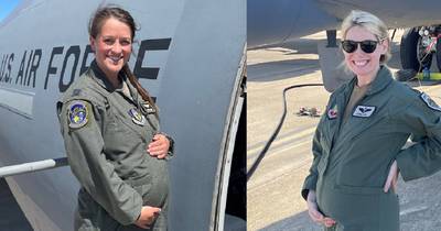Capt. Heidi Del Querra, left, and Maj. Elise D'Arcy, right, pose with aircraft while pregnant in recent photos. Both women obtained waivers to continue flying during pregnancy. Del Querra is a KC-10 Extender pilot in the Air Force Reserve; D'Arcy is a B-52H Stratofortress bomber weapons system officer and instructor at the Air Force Weapons School. (Courtesy of Heidi Del Querra and Elise D'Arcy)