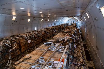 U.S. airmen from the 60th Aerial Port Squadron load cargo on to a Boeing 757 Jan. 22, 2022 at Travis Air Force Base, California. Since 2014, the United States has committed more than $5.4 billion in total assistance to Ukraine, including security and non-security assistance. The United States reaffirms its steadfast commitment to Ukraine’s sovereignty and territorial integrity in support of a secure and prosperous Ukraine. (Nicholas Pilch/Air Force)