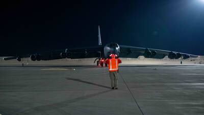 A B-52H Stratofortress assigned to the 5th Bomb Wing, Minot Air Force Base, N.D., taxis on the flight line April 23, 2021, at Al Udeid Air Base, Qatar. The B-52 aircraft are deployed to Al Udeid AB to protect U.S. and coalition forces as they conduct drawdown operations from Afghanistan. (Air Force/Staff Sgt. Greg Erwin)