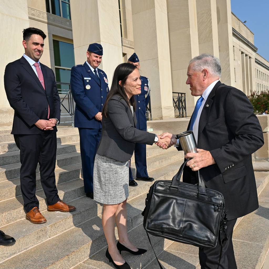 Air Force Secretary Frank Kendall and Undersecretary Gina Ortiz Jones meet at the Pentagon on July 28, 2021. Kendall was sworn in as the new civilian leader of the Air Force and Space Force that morning. (Air Force photo)