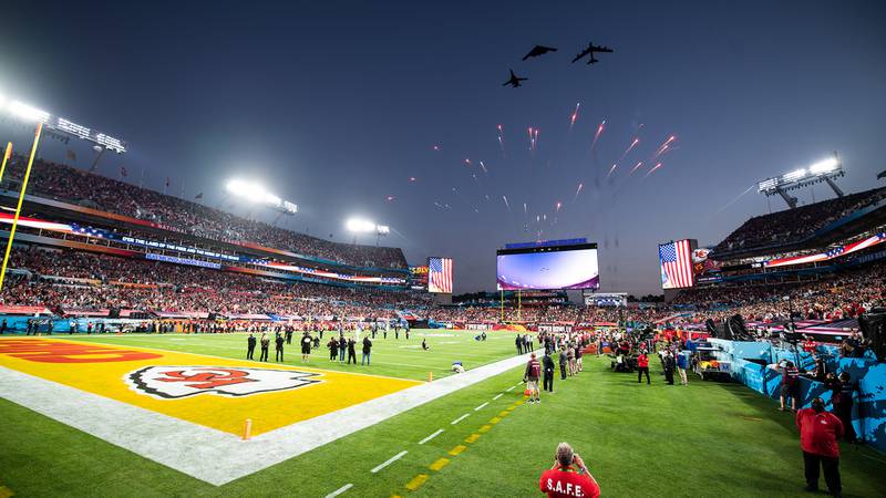 Air Force Global Strike Command bombers perform the Super Bowl LV flyover at Raymond James Stadium in Tampa, Fla., Jan. 7, 2021.