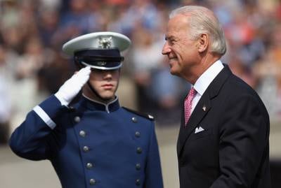 Then-Vice President Joe Biden arrives before giving the commencement speech at the Air Force Academy graduation ceremony on May 27, 2009 in Colorado Springs, Colorado.