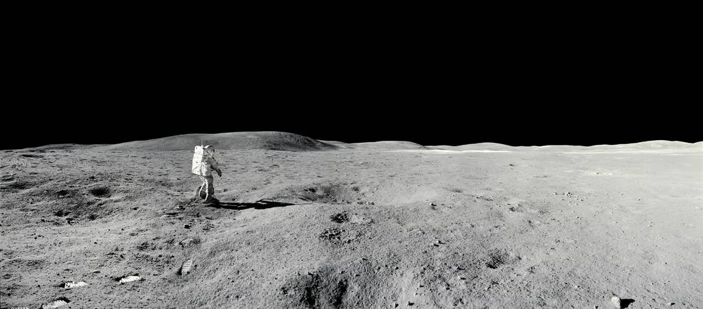 An image of Apollo 16 astronaut and Air Force Lt. Col. Charlie Duke exploring the moon's Descartes Highlands in April 1972. Space imaging expert Andy Saunders remastered the photo from the original flight film. It is a panorama stitched together from five separate, remastered frames. (NASA/Johnson Space Center/Arizona State University/Andy Saunders)
