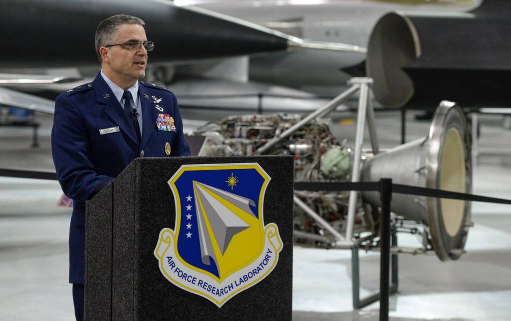 Air Force Maj. Gen. William T. Cooley, then-Air Force Research Laboratory commander, delivers remarks during a press conference inside the National Museum of the United States Air Force, Wright-Patterson Air Force Base, Ohio, April 18, 2019. (Wesley Farnsworth/Air Force)