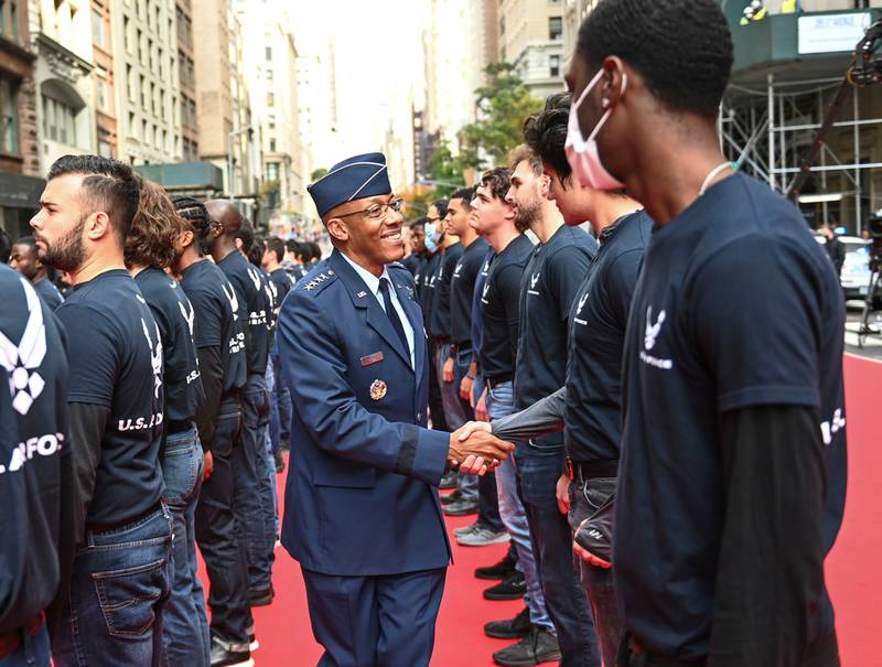 U.S. Air Force Chief of Staff Gen. CQ Brown, Jr., congratulates delayed enlistment program members after issuing their Oath of Enlistment before the Veteran’s Day Parade, Nov. 11, 2021, in New York City. The DEP is a program for recruits who decided to enlist in the Air Force, but have not gone to Basic Military Training. (Tech. Sgt. Ryan Conroy/Air Force )