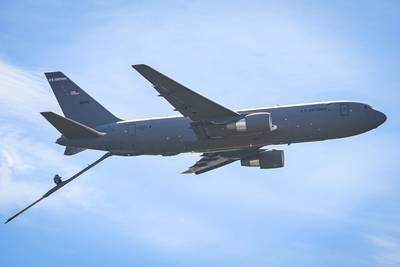 A KC-46A Pegasus assigned to the 157th Air Refueling Wing performs an aerial demonstration at the Thunder Over New Hampshire Air Show at Pease Air National Guard Base in Portsmouth, N.H., Sept. 11, 2021. (Tech. Sgt. Steven Tucker/Air National Guard)