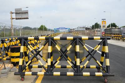 Barricades are placed near the Unification Bridge, which leads to the Panmunjom in the Demilitarized Zone in Paju, South Korea, Wednesday, July 19, 2023.
