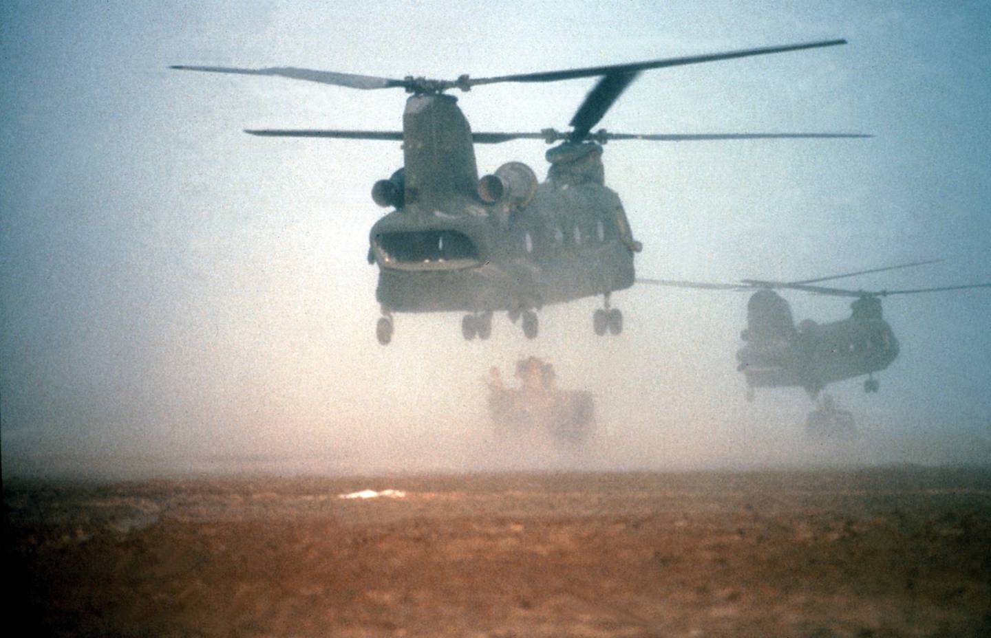 CH-47 Chinook helicopters similar to those flown by U.S. Army Captain Victoria Calhoun during Operations Desert Storm and Desert Shield.