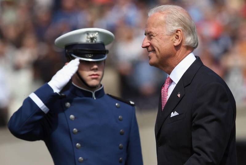 Then-Vice President Joe Biden arrives before giving the commencement speech at the Air Force Academy graduation ceremony on May 27, 2009 in Colorado Springs, Colorado.