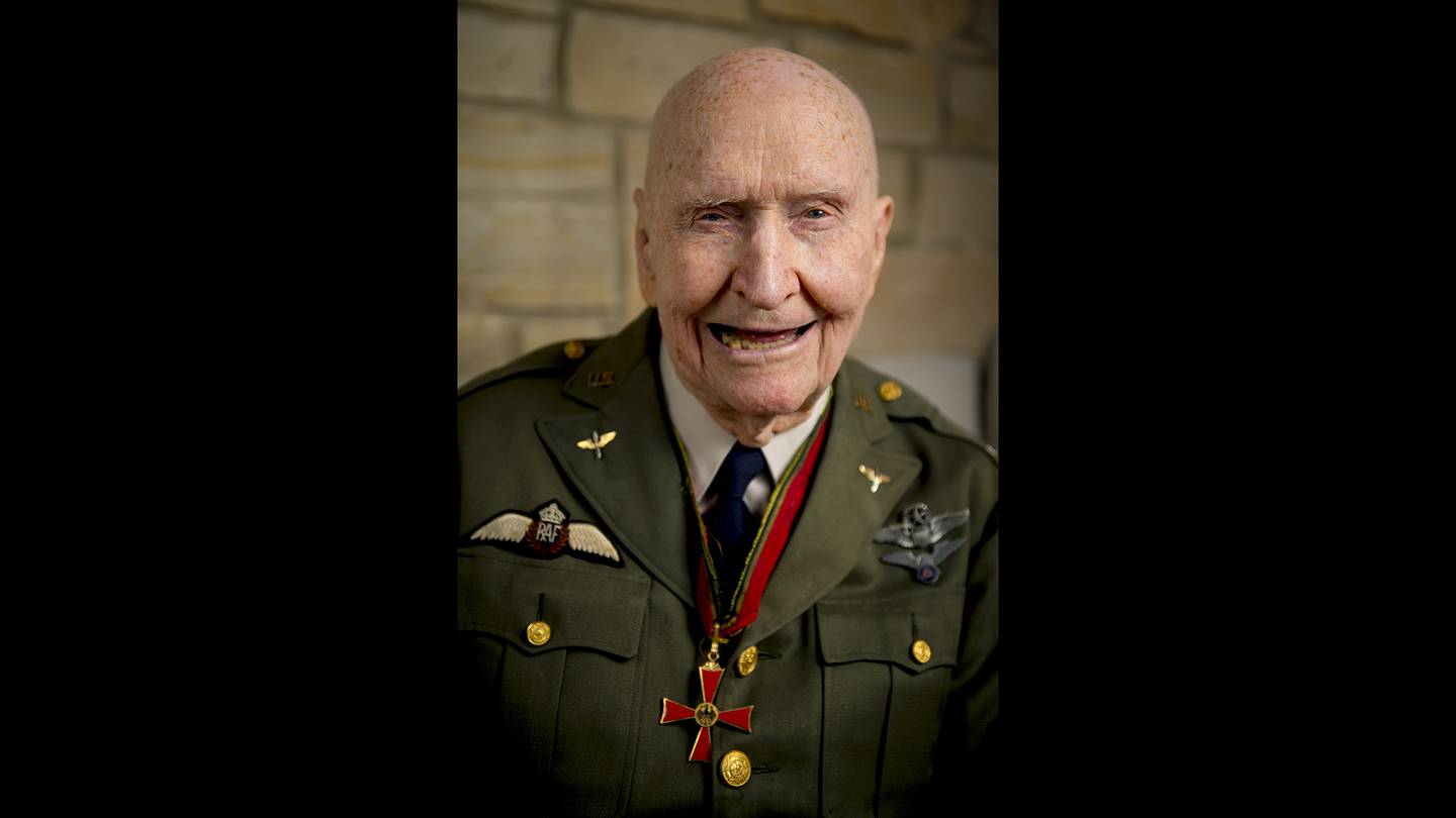 Gail Halvorsen, also know as the "Candy Bomber," poses for a portrait at his son's home in Midway, Utah, on Oct. 7, 2020.