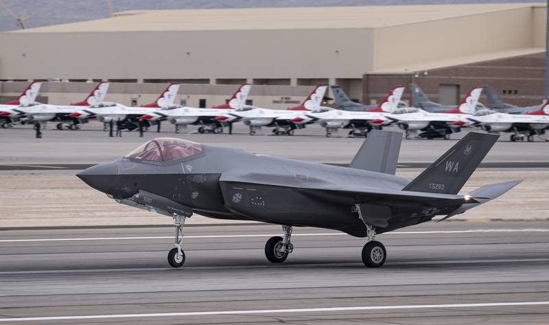 An F-35A Lightning II fighter jet assigned to the 6th Weapons Squadron lands after a training mission at Nellis Air Force Base, Nevada, March 16, 2021. (William Lewis/Air Force)