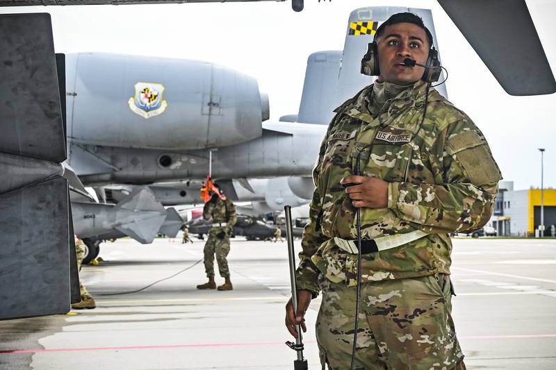 This photo provided on Monday, Jan. 13, 2020, shows Airman 1st Class Peter R. Mathews while serving as a crew chief assigned to the 175th Aircraft Maintenance Squadron in Maryland.