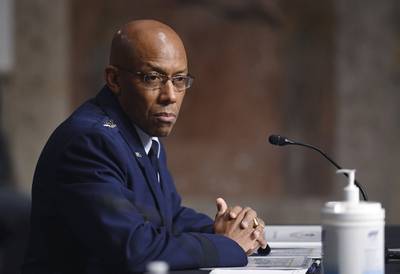 Gen. Charles Q. Brown Jr., nominated for reappointment to the grade of general and to chief of staff of the U.S. Air Force, testifies during a Senate Armed Services Committee nominations hearing on Capitol Hill in Washington