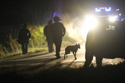 A member of law enforcement walks with a police dog outside a property on Meadow Road in Bowdoin, Maine, Thursday, Oct. 26, 2023.