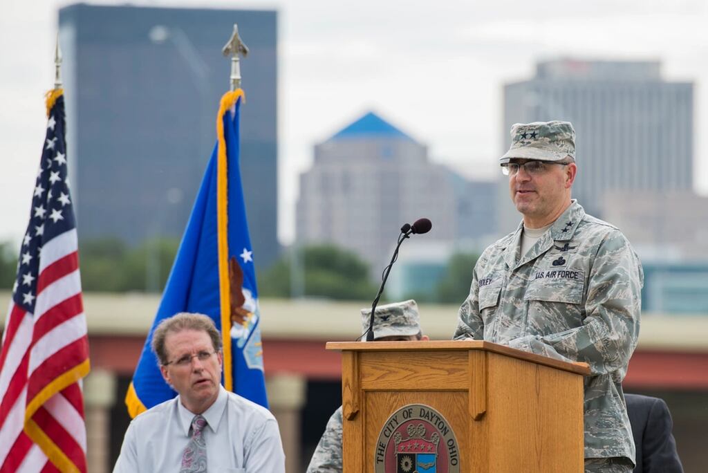 Maj. Gen. William T. Cooley, then the commander of the Air Force Research Laboratory, Wright-Patterson Air Force Base, Ohio, delivers remarks during the McCook Field Centennial ceremony in Dayton, Ohio, Oct. 6, 2017. (Wesley Farnsworth/Air Force)