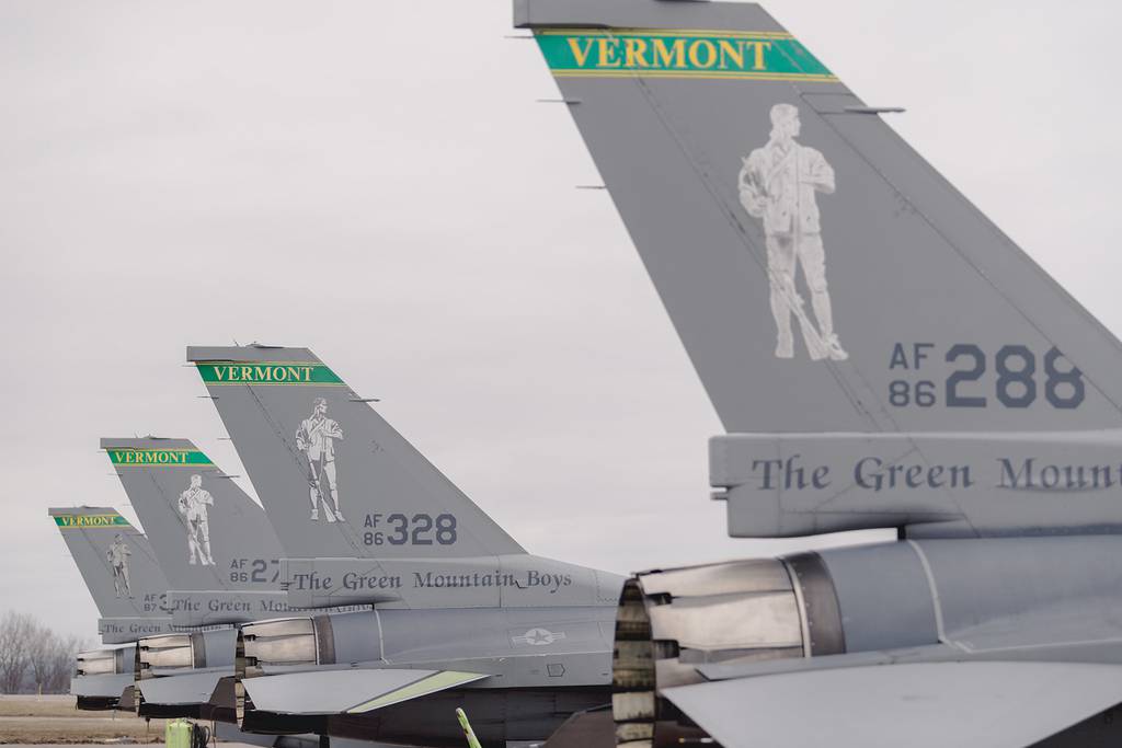 U.S. Air Force F-16 Fighting Falcons assigned to the 134th Fighter Squadron, 158th Fighter Wing, Burlington Air National Guard Base, prepare to depart from the base for other locations during a "Viper Out" ceremony at South Burlington, Vt., April 6, 2019.