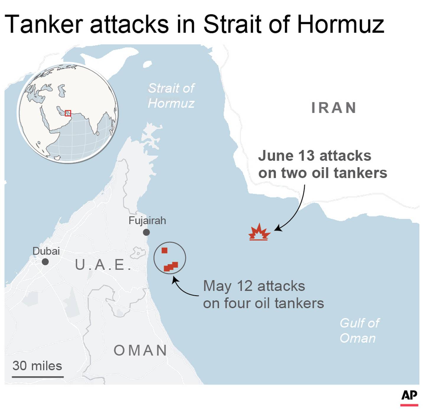 Map locates recent attacks on oil tankers in the Strait of Hormuz