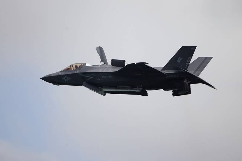 A U.S. Marine Corps F-35B Lightning II takes part in an aerial display during the Singapore Airshow 2022 at Changi Exhibition Centre in Singapore, Feb. 15, 2022.