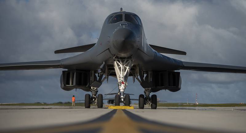 A 9th Expeditionary Bomb Squadron B-1B Lancer waits to park at Andersen Air Force Base, Guam, May 14, 2020, after completing a training mission in the East China Sea.