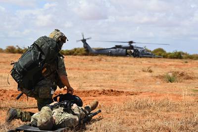 A casualty evacuation exercise with a Jolly Green II helicopter in Africa