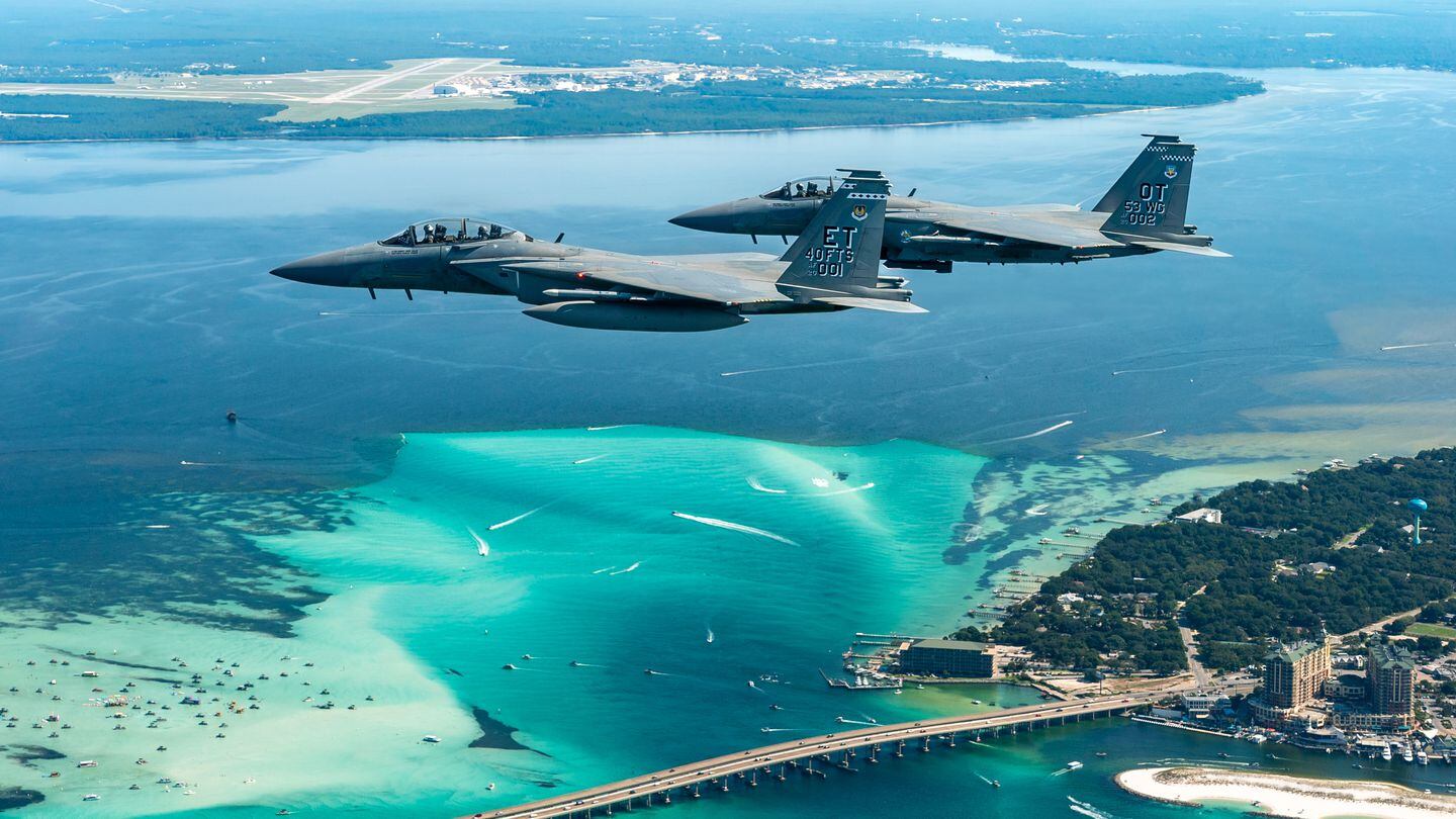 The U.S. Air Force's two experimental F-15EX Eagle II fighters return from a test mission over the Gulf of Mexico on Aug. 2, 2023. (Tech. Sgt. John McRell/U.S. Air Force)