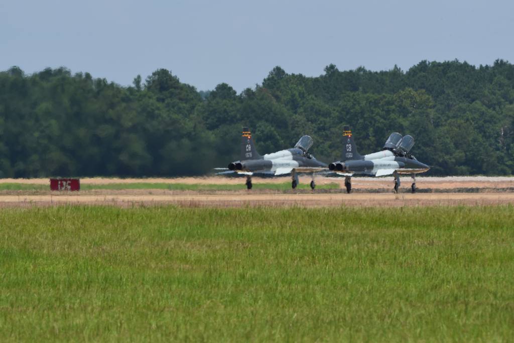 A pair of T-38 Talon aircrafts prepare to take off July 15, 2020, on Columbus Air Force Base, Mississippi.