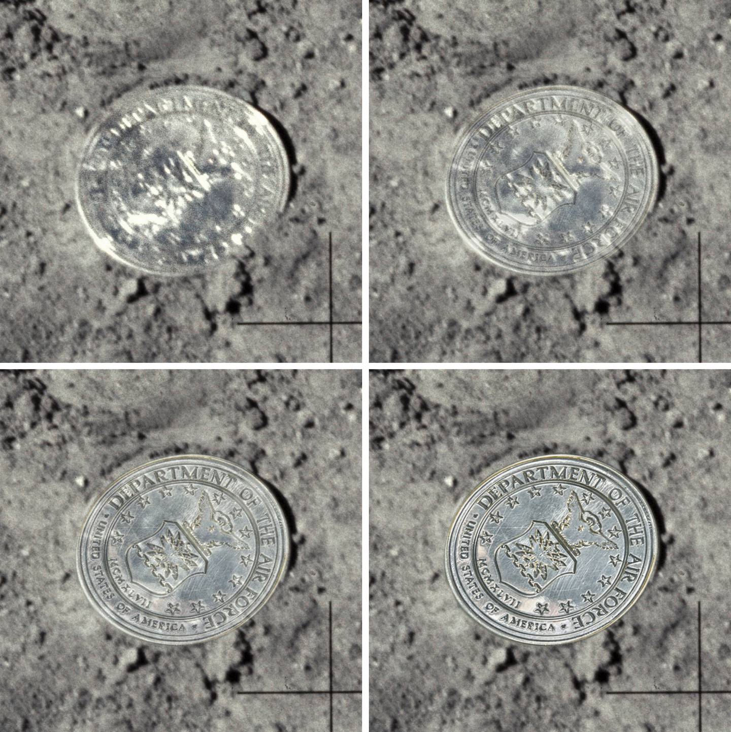 A compilation of photos of an Air Force 25th anniversary commemoration coin that was laid on the moon during Apollo 16 in April 1972, overlaid with the coin's design to show its detail. Space imagery expert Andy Saunders remastered the image of the coin. (NASA/Johnson Space Center/Arizona State University/Andy Saunders)