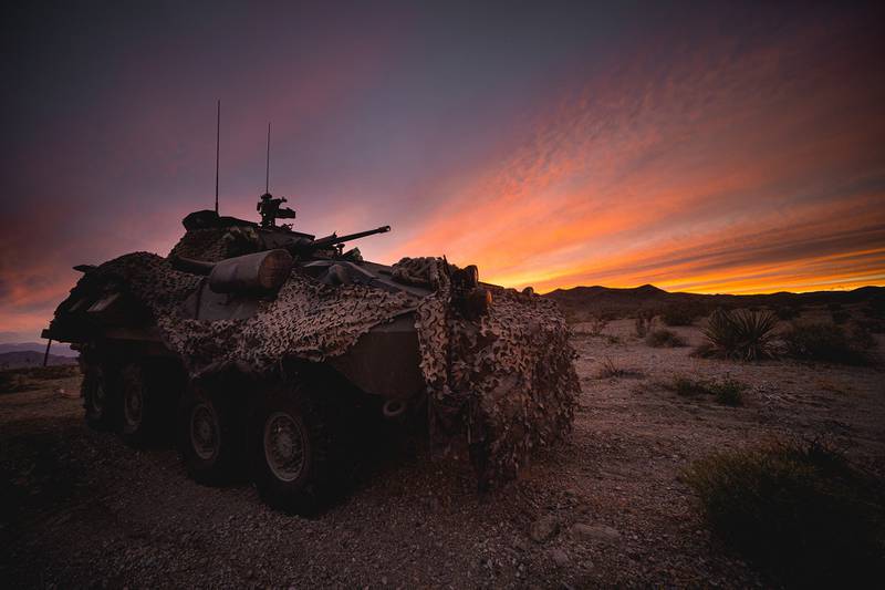 A Light Armored Vehicle-25 is used to secure a position during a Marine Corps combat readiness evaluation at Marine Corps Air Ground Combat Center Twentynine Palms, Calif., March 31, 2020.