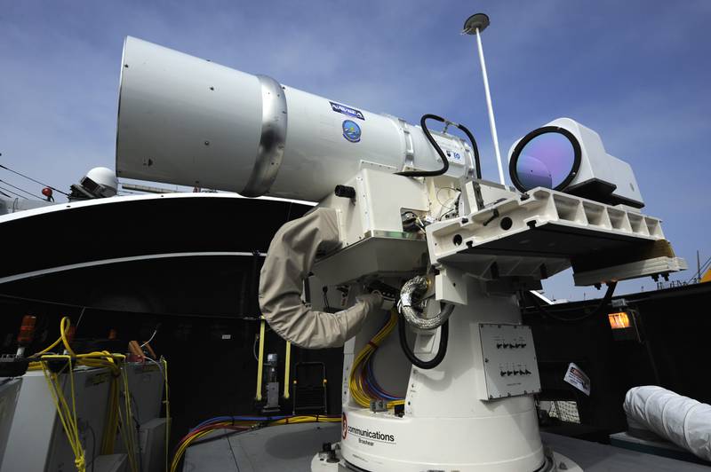 The Laser Weapon System, or LaWS, is seen here temporarily installed aboard the USS Dewey in San Diego, California.