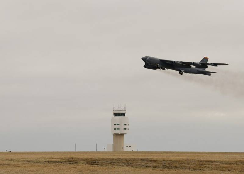 A B-52H Stratofortress takes off on April 25, 2021 at Minot Air Force Base, North Dakota. The bomber is one of two B-52 aircraft that arrived at Al Udeid Air Base, Qatar, on April 26, 2021, joining two additional B-52 bombers that arrived April 23. The bombers are deployed to protect U.S. and coalition forces as they conduct drawdown operations from Afghanistan. (Airman 1st Class Evan J. Lichtenhan/Air Force)