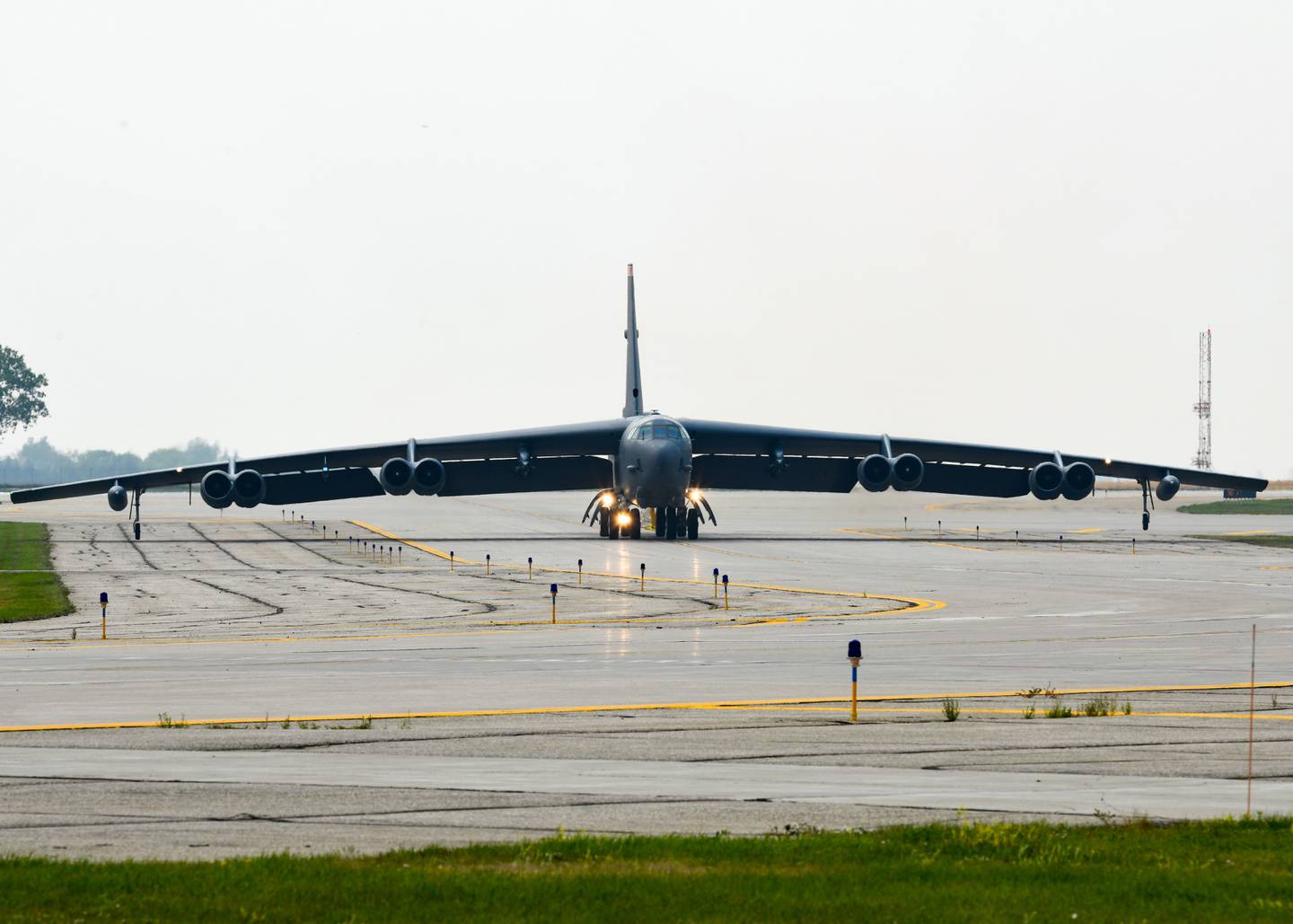 A B-52 Stratofortress arrives at Minot Air Force Base, North Dakota, from Qatar, Sept. 10, 2021. The two aircrews that returned were from the 23rd Bomb Squadron at Minot. (Airman 1st Class Saomy Sabournin/Air Force)