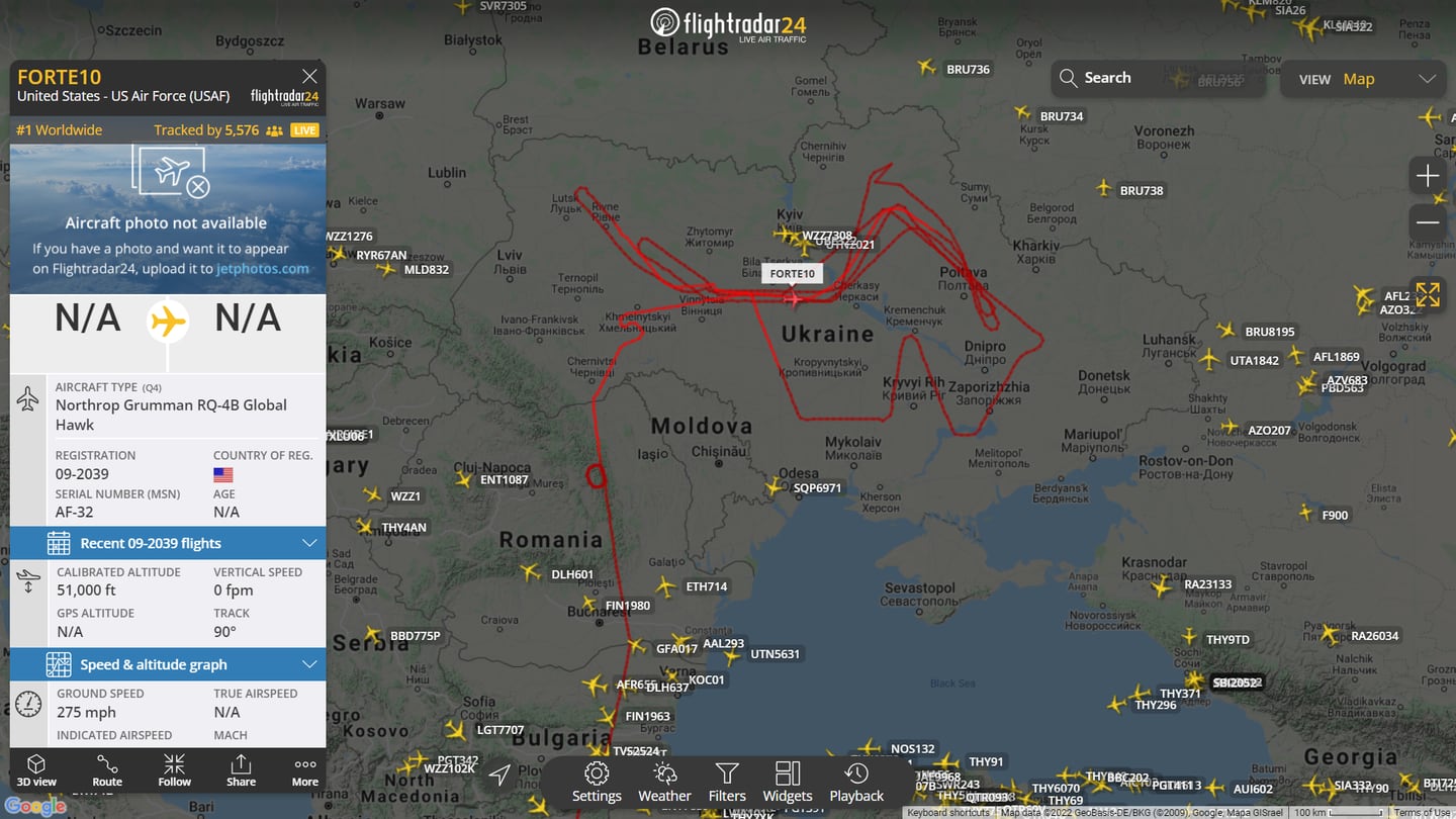 Screenshot captured around 9 p.m. EST on Feb. 18, 2022, of a U.S. Air Force RQ-4 Global Hawk surveillance drone flying over Ukraine. (Courtesy of Flightradar24.com)