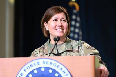 Chief Master Sergeant of the Air Force JoAnne Bass speaks to airmen during the 2022 Air Force Sergeants Association Professional Education and Development Symposium in San Antonio, Texas, Aug. 18, 2022. (Master Sgt. Jarad A. Denton/Air Force)