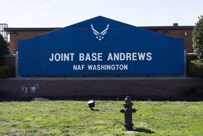 The sign for Joint Base Andrews is seen on March 26, 2021, at Andrews Air Force Base, Md.