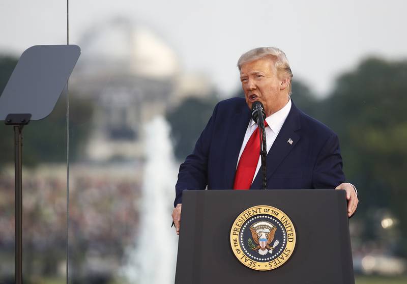 President Donald Trump speaks during a "Salute to America" event on the South Lawn of the White House, Saturday, July 4, 2020, in Washington.