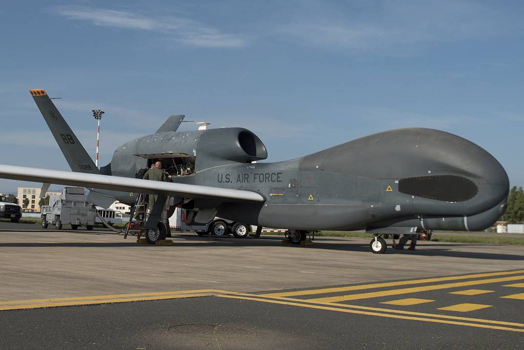 members of the 7th Reconnaissance Squadron prepare to launch an RQ-4 Global Hawk at Naval Air Station Sigonella, Italy.