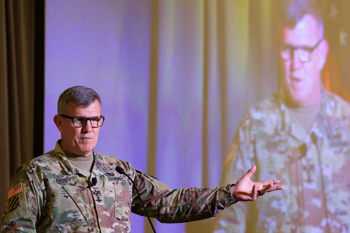 Gen. James Rainey, the Army Futures Command boss, gestures as he speaks Aug. 17, 2023, at the AFCEA TechNet Augusta conference in Georgia.