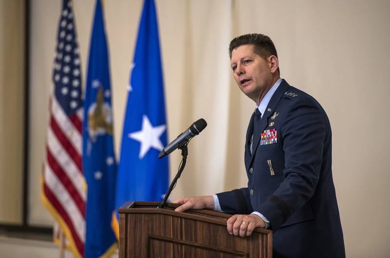 U.S. Air Force Lt. Gen. David D. Thompson, Air Force Space Command vice commander, addresses basic military training graduates during an Air Force graduation March 13, 2020, at Joint Base San Antonio-Lackland, Texas.